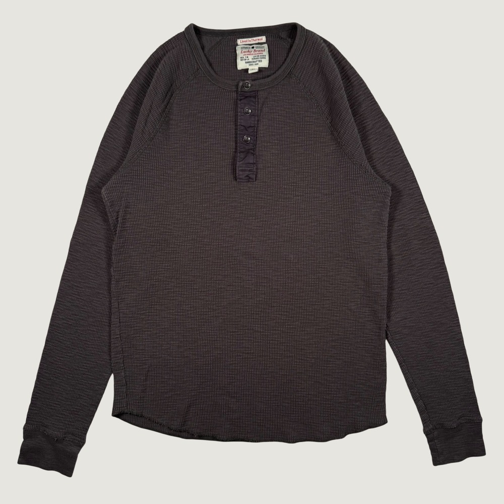 Lucky Brand Mens Thermal Henley Shirt Medium Gray Long Sleeve Waffle Knit Raglan